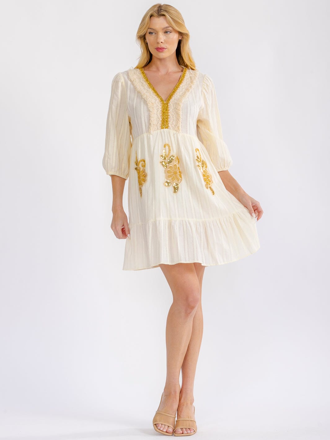 WOMEN'S 3/4 V-NECK SEQUINS CROCHET FLOWERS MINI DRESS
