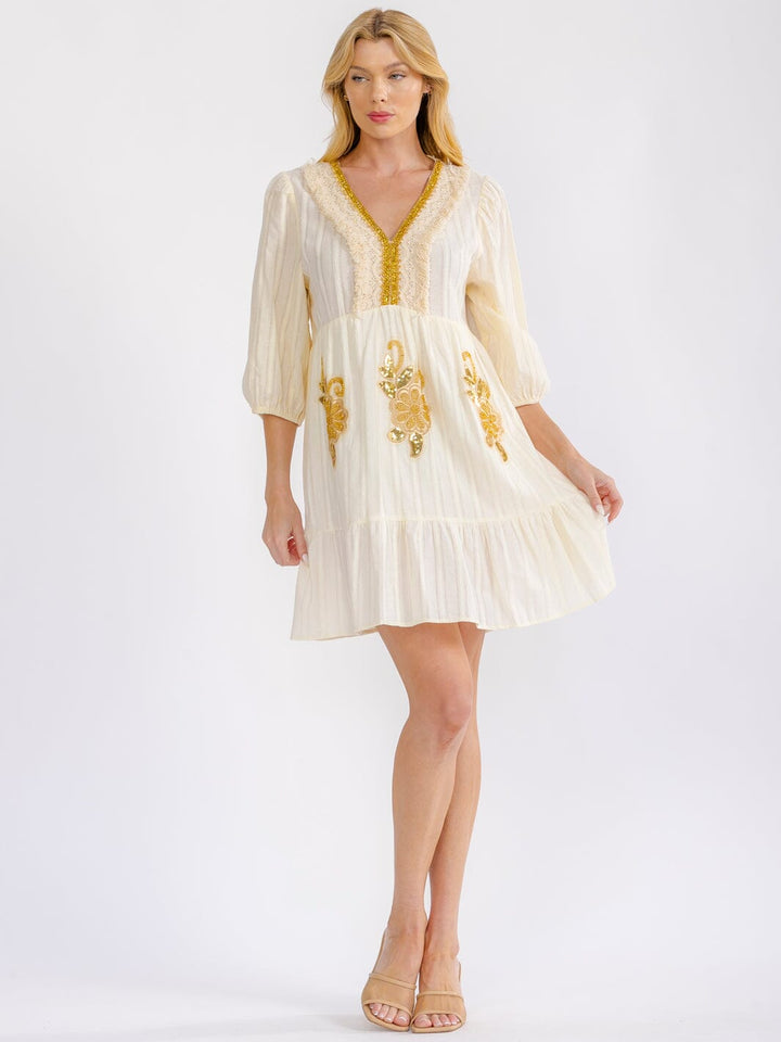 WOMEN'S 3/4 V-NECK SEQUINS CROCHET FLOWERS MINI DRESS