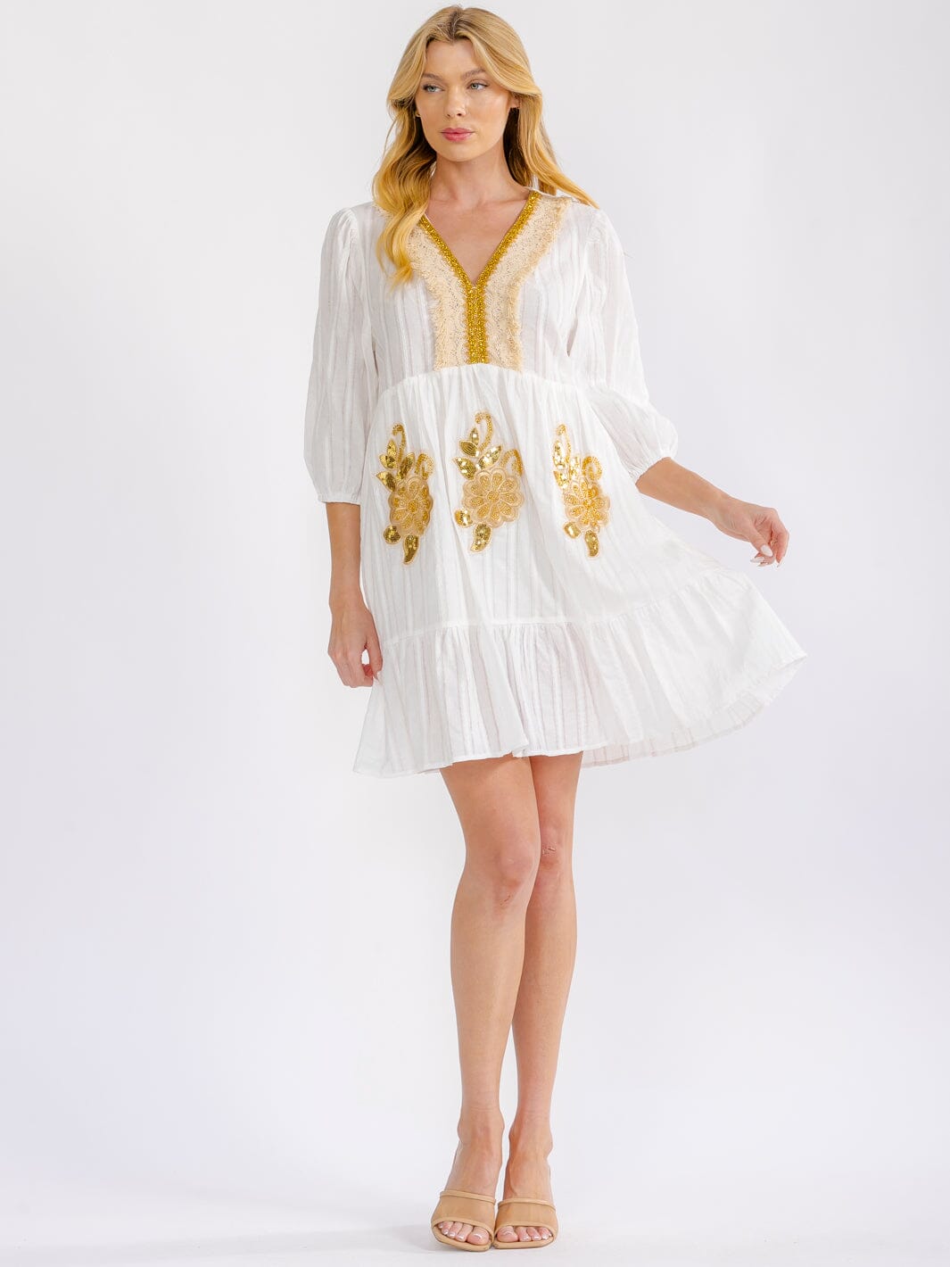 WOMEN'S 3/4 V-NECK SEQUINS CROCHET FLOWERS MINI DRESS