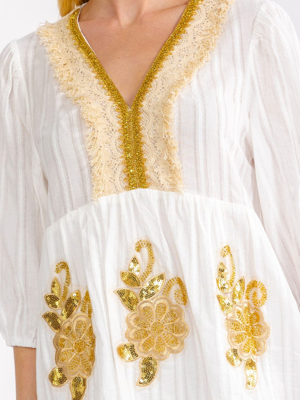 WOMEN'S 3/4 V-NECK SEQUINS CROCHET FLOWERS MINI DRESS