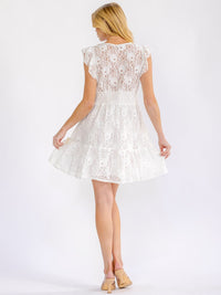 WOMEN'S RUFFLE SLEEVE V-NECK CROCHET LACE MINI DRESS