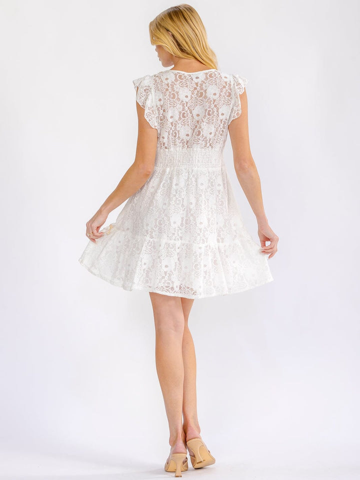 WOMEN'S RUFFLE SLEEVE V-NECK CROCHET LACE MINI DRESS