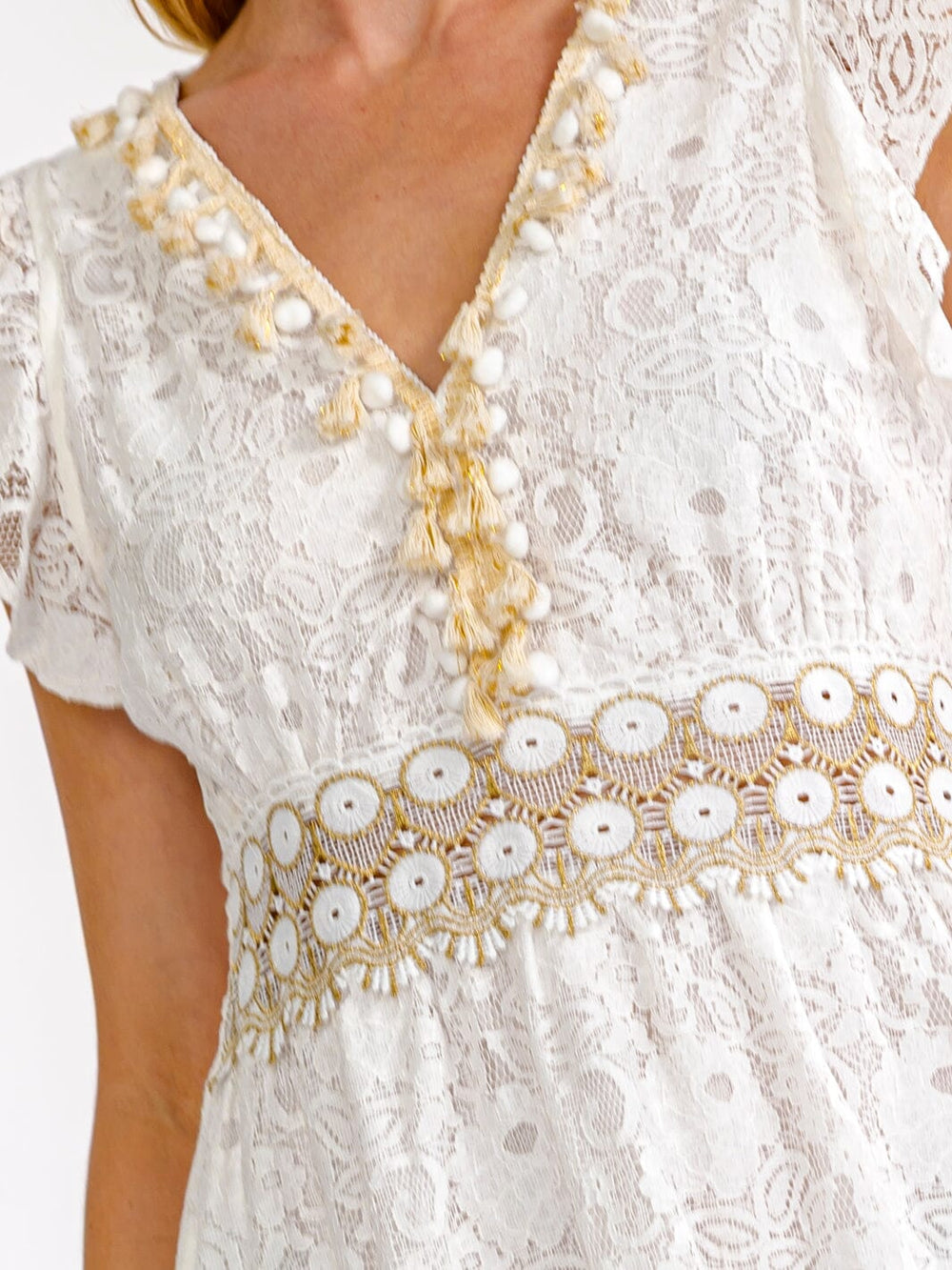 WOMEN'S RUFFLE SLEEVE V-NECK CROCHET LACE MINI DRESS