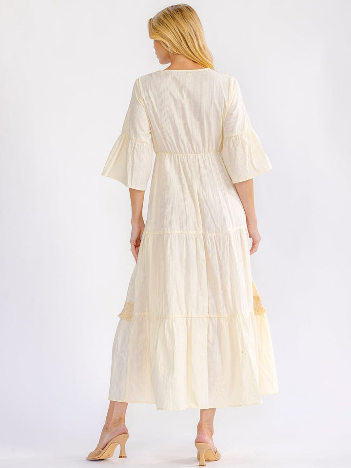 WOMEN'S SHORT SLEEVE SURPLICE ELASTIC WAIST SEQUINS CROCHET MAXI DRESS