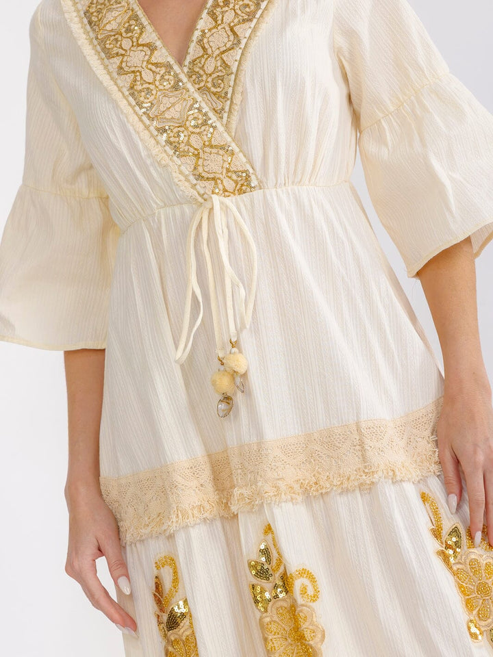 WOMEN'S SHORT SLEEVE SURPLICE ELASTIC WAIST SEQUINS CROCHET MAXI DRESS