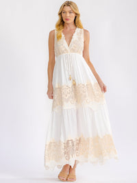 WOMEN'S SLEEVELESS ELASTIC WAIST V-NECK TIERED CROCHET LACE MAXI DRESS