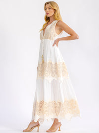 WOMEN'S SLEEVELESS ELASTIC WAIST V-NECK TIERED CROCHET LACE MAXI DRESS