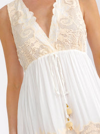 WOMEN'S SLEEVELESS ELASTIC WAIST V-NECK TIERED CROCHET LACE MAXI DRESS