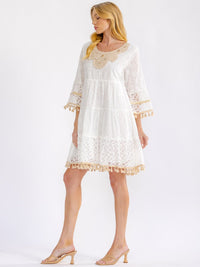 WOMEN'S 3/4 SLEEVE TIERED CROCHET LOOSE FIT MINI DRESS