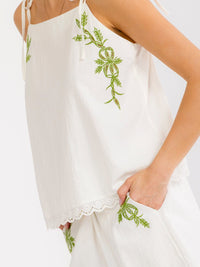 WOMEN'S SLEEVELESS TOP & ELASTIC WAIST POCKETS SHORT FLORAL EMBROIDERY 2PC. SET