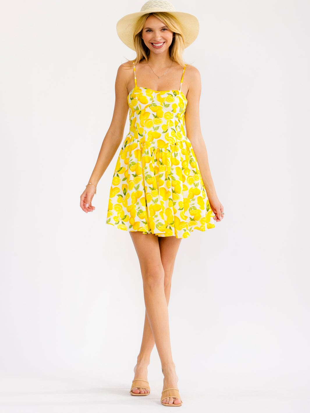 WOMEN'S SLEEVELESS FRONT POCKETS FIT & FLARE LEMON PRINT MINI DRESS
