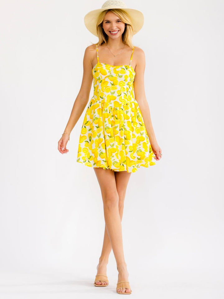 WOMEN'S SLEEVELESS FRONT POCKETS FIT & FLARE LEMON PRINT MINI DRESS