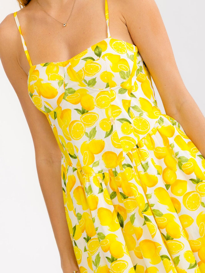 WOMEN'S SLEEVELESS FRONT POCKETS FIT & FLARE LEMON PRINT MINI DRESS