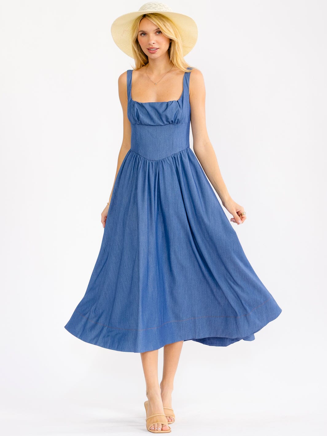 WOMEN'S SLEEVELESS SQUARE NECK SMOCK FRONT POCKETS MAXI DRESS
