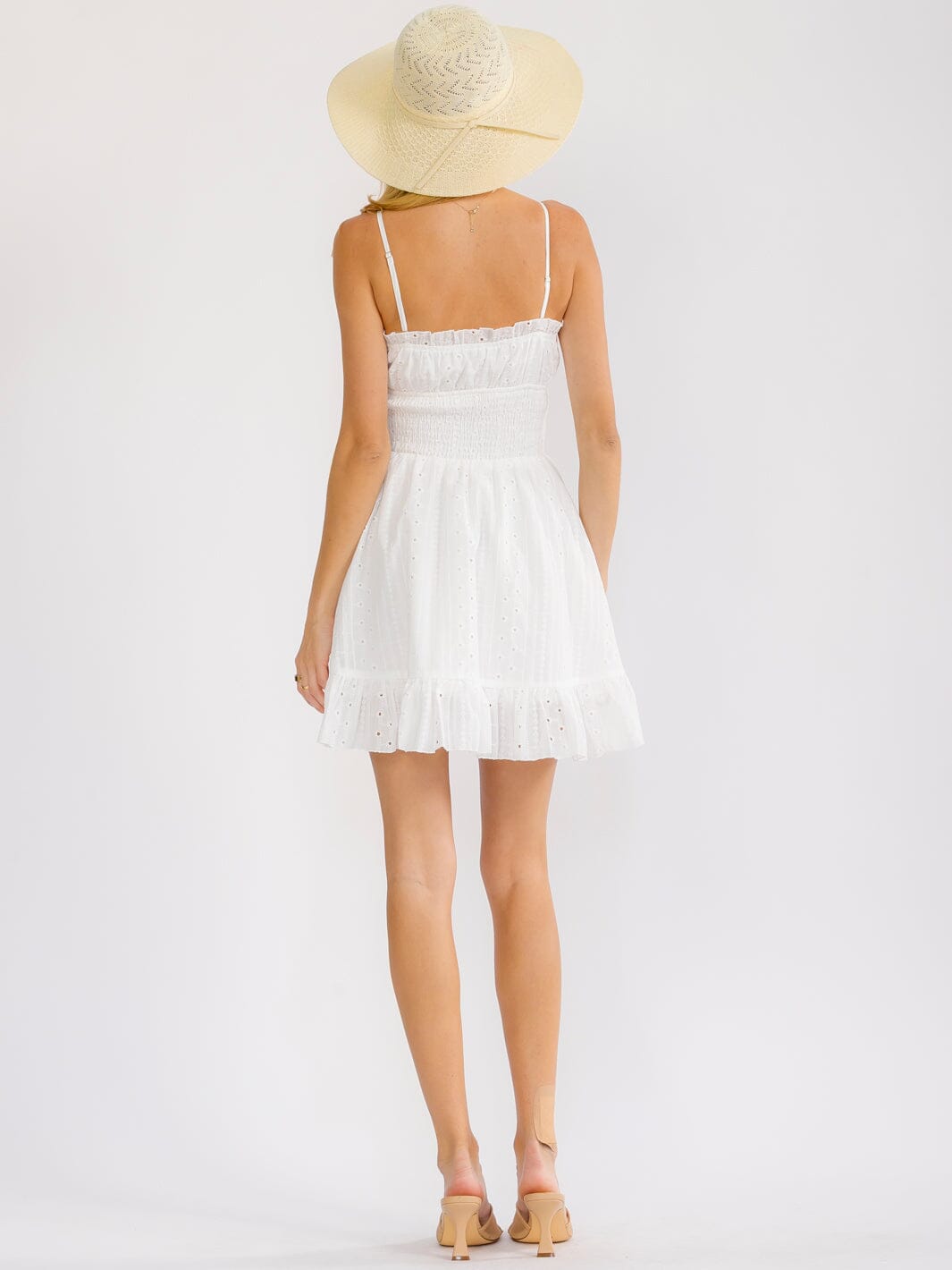 WOMEN'S SLEEVELESS SMOCK KEY HOLE EYELET FIT & FLARE MINI DRESS