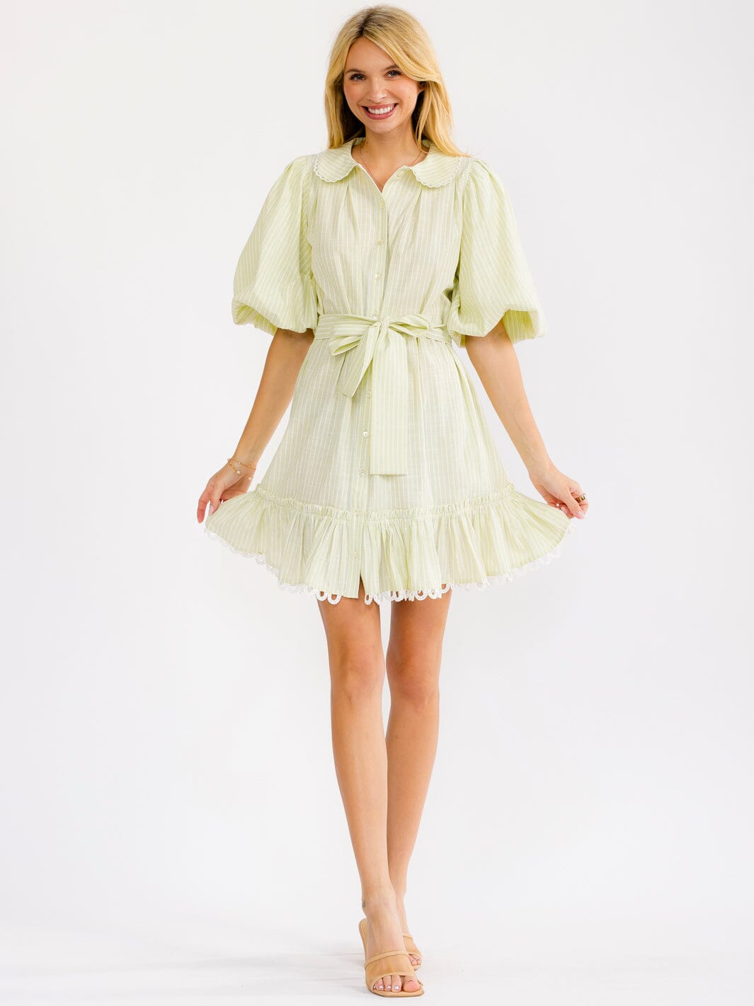 WOMEN'S SHORT PUFF SLEEVE BUTTON UP SELF TIE FRONT POCKETS STRIPES MINI DRESS