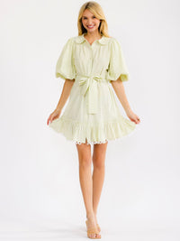 WOMEN'S SHORT PUFF SLEEVE BUTTON UP SELF TIE FRONT POCKETS STRIPES MINI DRESS