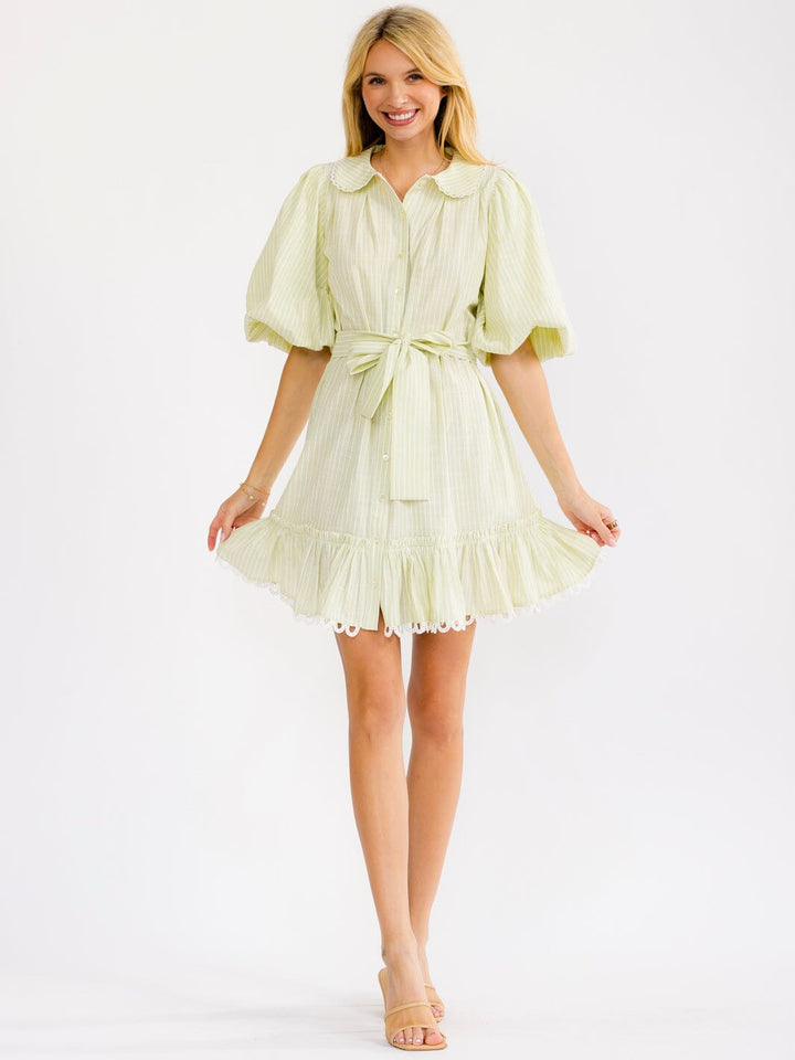 WOMEN'S SHORT PUFF SLEEVE BUTTON UP SELF TIE FRONT POCKETS STRIPES MINI DRESS