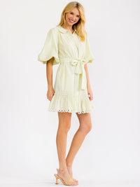 WOMEN'S SHORT PUFF SLEEVE BUTTON UP SELF TIE FRONT POCKETS STRIPES MINI DRESS