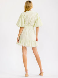 WOMEN'S SHORT PUFF SLEEVE BUTTON UP SELF TIE FRONT POCKETS STRIPES MINI DRESS