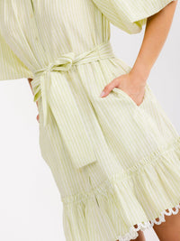 WOMEN'S SHORT PUFF SLEEVE BUTTON UP SELF TIE FRONT POCKETS STRIPES MINI DRESS