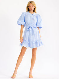WOMEN'S SHORT PUFF SLEEVE BUTTON UP SELF TIE FRONT POCKETS STRIPES MINI DRESS