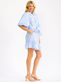 WOMEN'S SHORT PUFF SLEEVE BUTTON UP SELF TIE FRONT POCKETS STRIPES MINI DRESS