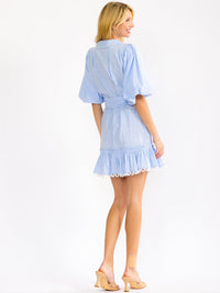 WOMEN'S SHORT PUFF SLEEVE BUTTON UP SELF TIE FRONT POCKETS STRIPES MINI DRESS