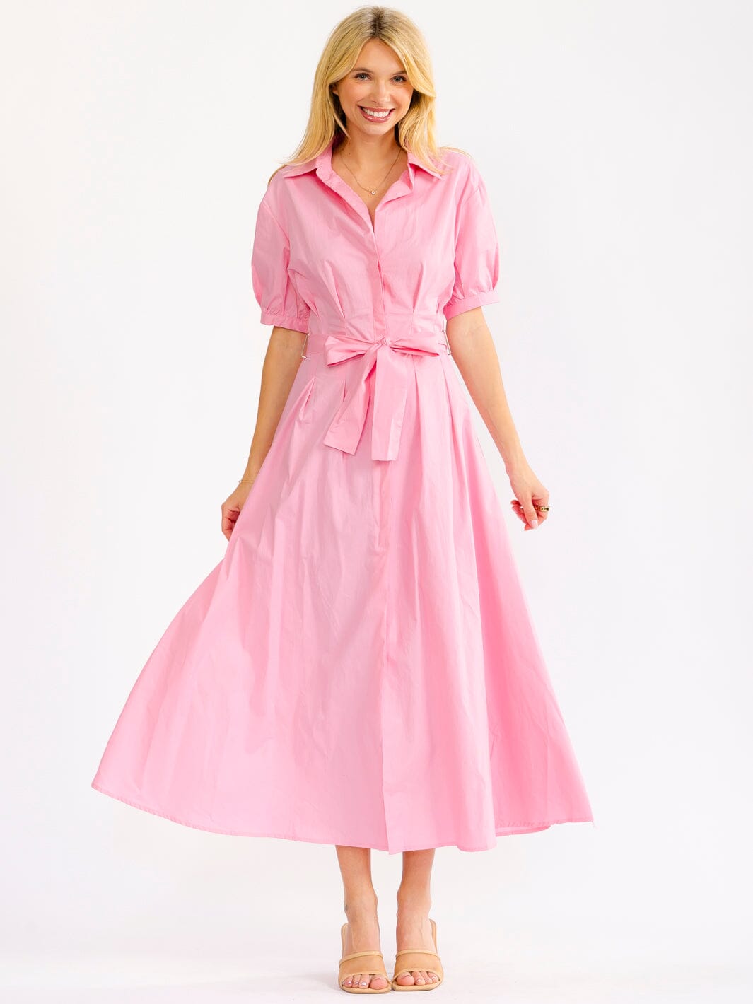 WOMEN'S SHORT SLEEVE BUTTON UP SELF TIE MAXI DRESS