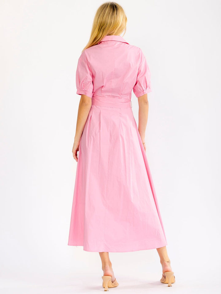 WOMEN'S SHORT SLEEVE BUTTON UP SELF TIE MAXI DRESS
