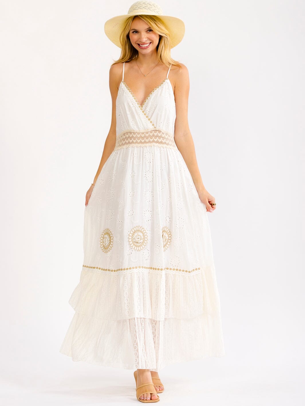 WOMEN'S SLEEVELESS SURPLICE TIERED CROCHET EYELET FLOWERS MAXI DRESS