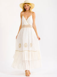 WOMEN'S SLEEVELESS SURPLICE TIERED CROCHET EYELET FLOWERS MAXI DRESS