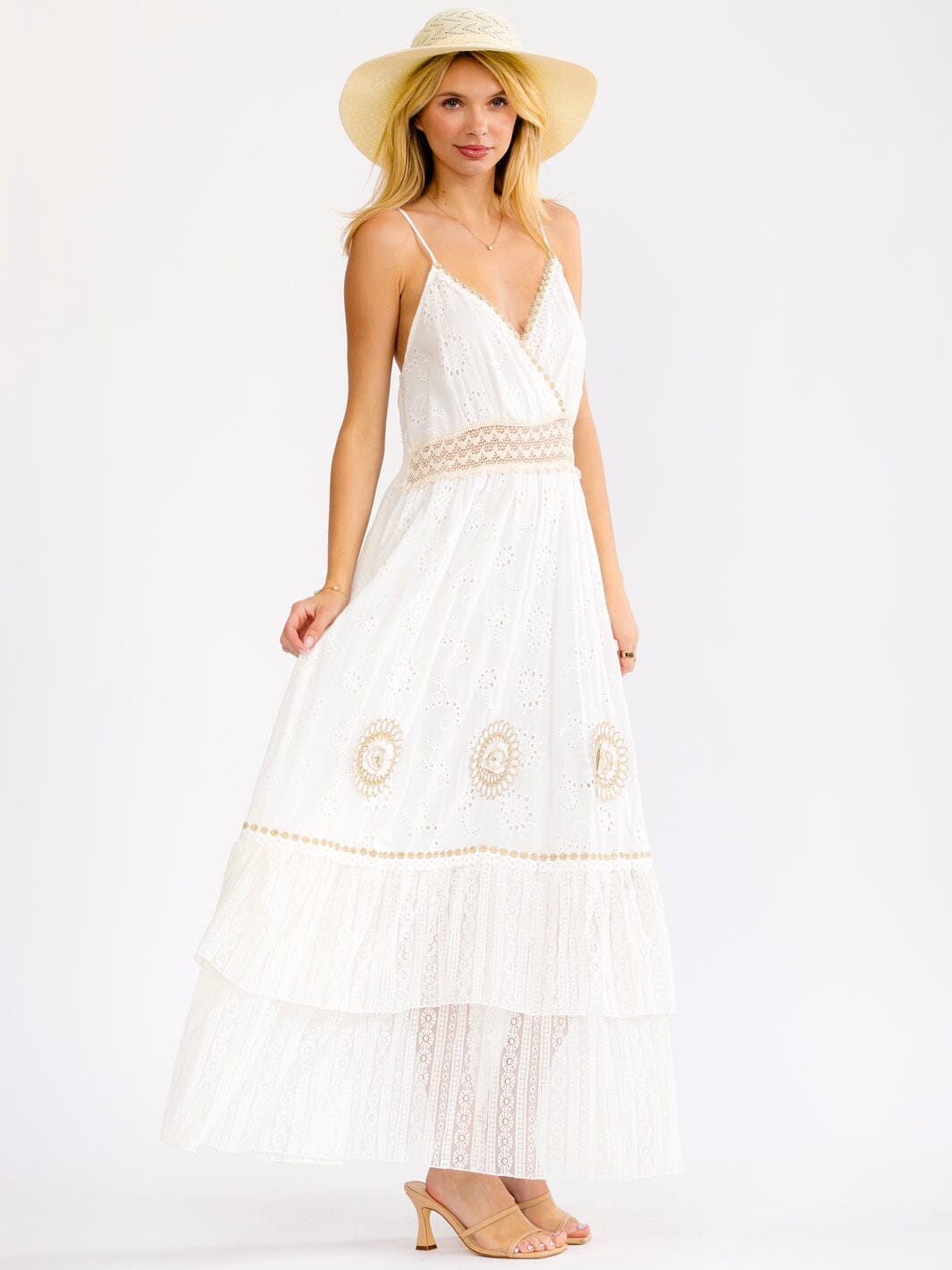 WOMEN'S SLEEVELESS SURPLICE TIERED CROCHET EYELET FLOWERS MAXI DRESS