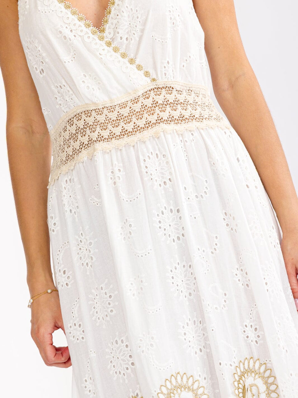 WOMEN'S SLEEVELESS SURPLICE TIERED CROCHET EYELET FLOWERS MAXI DRESS