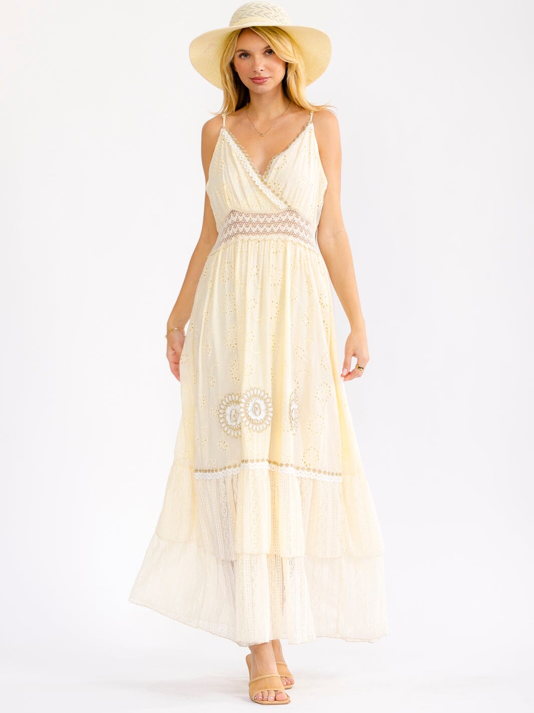 WOMEN'S SLEEVELESS SURPLICE TIERED CROCHET EYELET FLOWERS MAXI DRESS