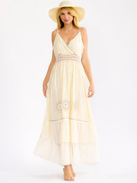 WOMEN'S SLEEVELESS SURPLICE TIERED CROCHET EYELET FLOWERS MAXI DRESS