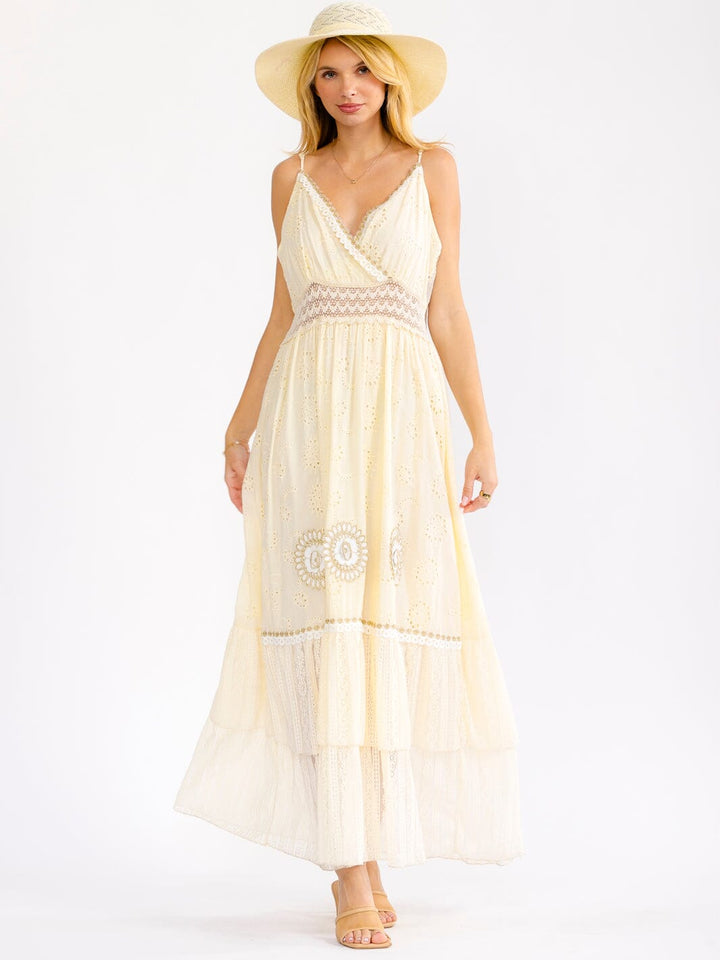 WOMEN'S SLEEVELESS SURPLICE TIERED CROCHET EYELET FLOWERS MAXI DRESS