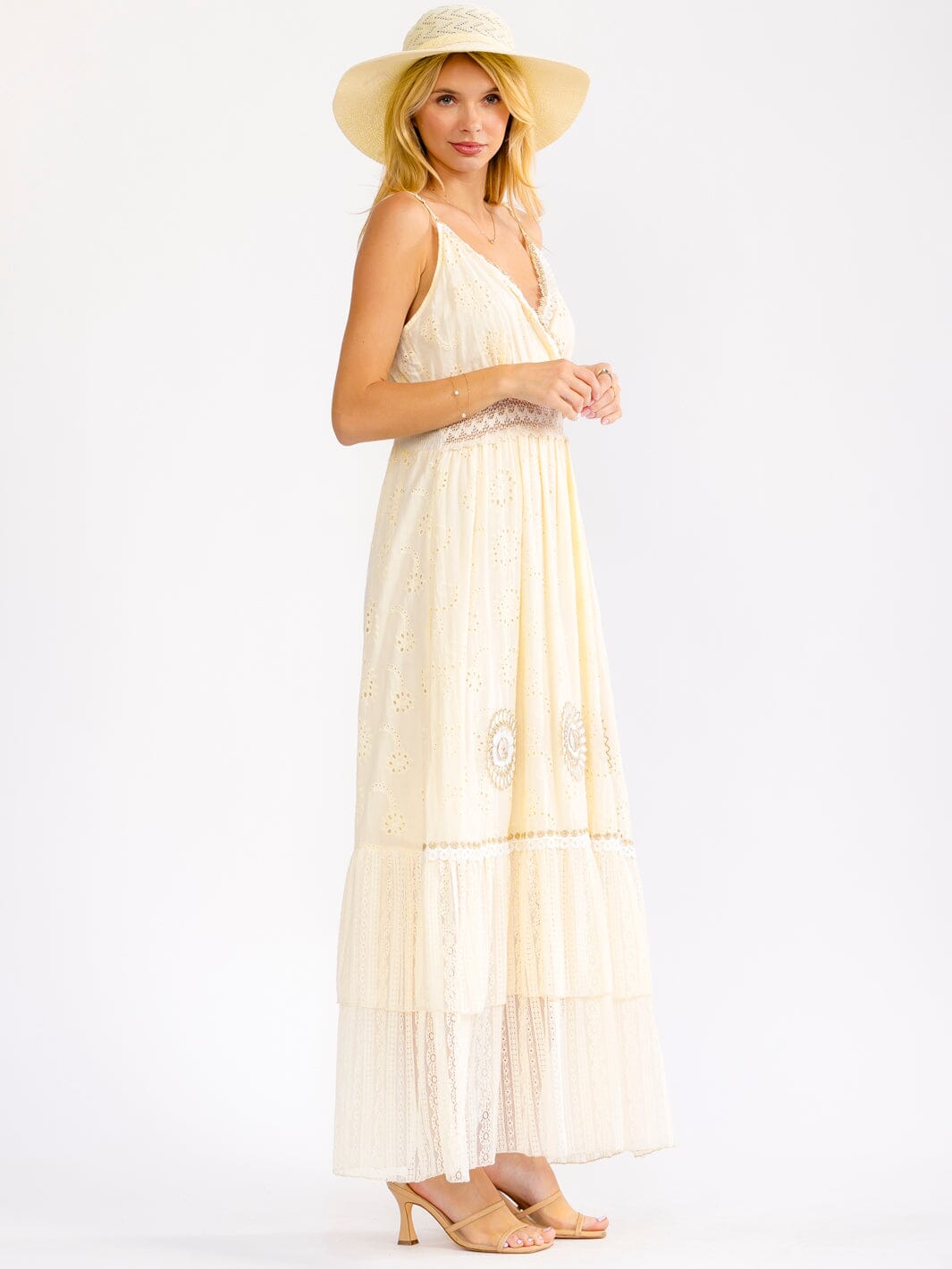 WOMEN'S SLEEVELESS SURPLICE TIERED CROCHET EYELET FLOWERS MAXI DRESS