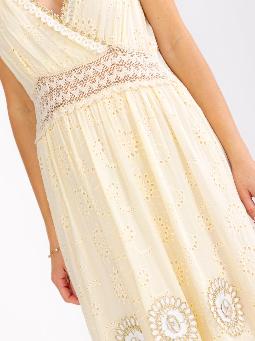 WOMEN'S SLEEVELESS SURPLICE TIERED CROCHET EYELET FLOWERS MAXI DRESS