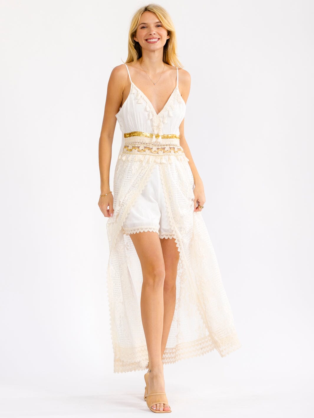 WOMEN'S SLEEVELESS V-NECK CROCHET LACE ROMPER MAXI DRESS