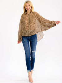 WOMEN'S LONG SLEEVE BUTTON UP HIGH-LOW ANIMAL PRINT BLOUSE