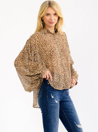 WOMEN'S LONG SLEEVE BUTTON UP HIGH-LOW ANIMAL PRINT BLOUSE