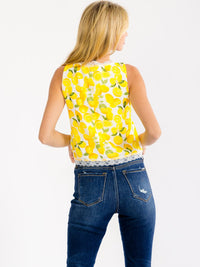 WOMEN'S SLEEVELESS FRONT TIE LACE TRIM LEMON PRINT TANK TOP