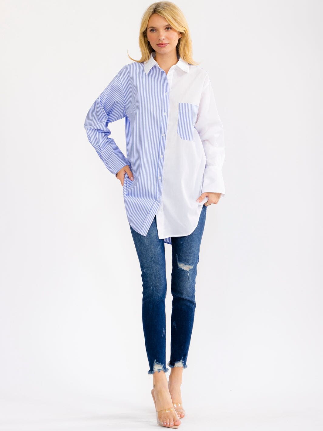 WOMEN'S LONG SLEEVE BUTTON UP FRONT POCKET HIGH-LOW COLORBLOCK STRIPES OVERSIZED SHIRT