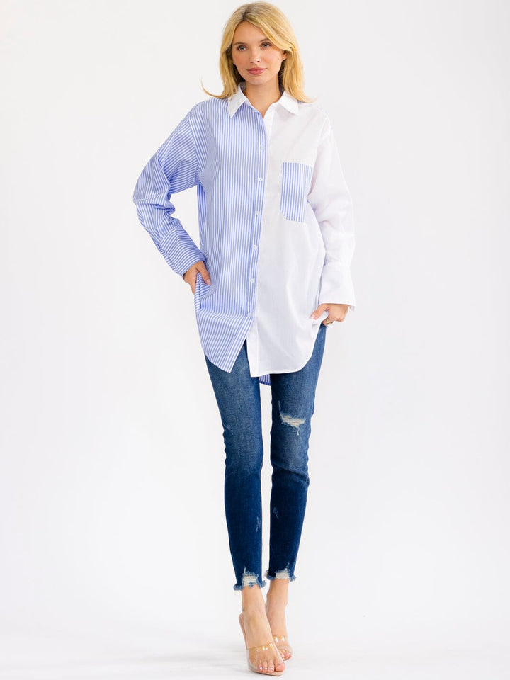WOMEN'S LONG SLEEVE BUTTON UP FRONT POCKET HIGH-LOW COLORBLOCK STRIPES OVERSIZED SHIRT