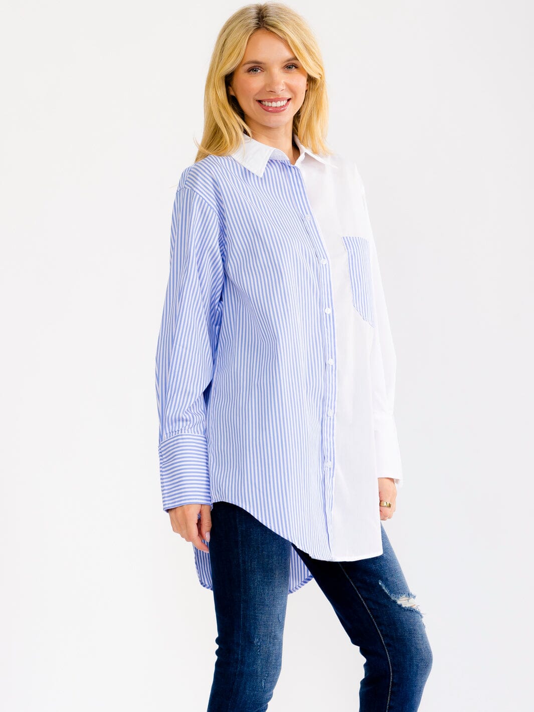 WOMEN'S LONG SLEEVE BUTTON UP FRONT POCKET HIGH-LOW COLORBLOCK STRIPES OVERSIZED SHIRT
