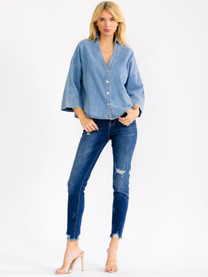 WOMEN'S SHORT BELL SLEEVE V-NECK BUTTON UP DENIM TOP