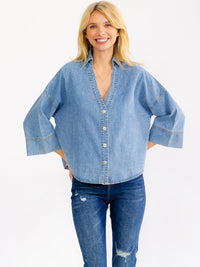 WOMEN'S SHORT BELL SLEEVE V-NECK BUTTON UP DENIM TOP
