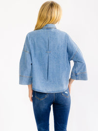 WOMEN'S SHORT BELL SLEEVE V-NECK BUTTON UP DENIM TOP