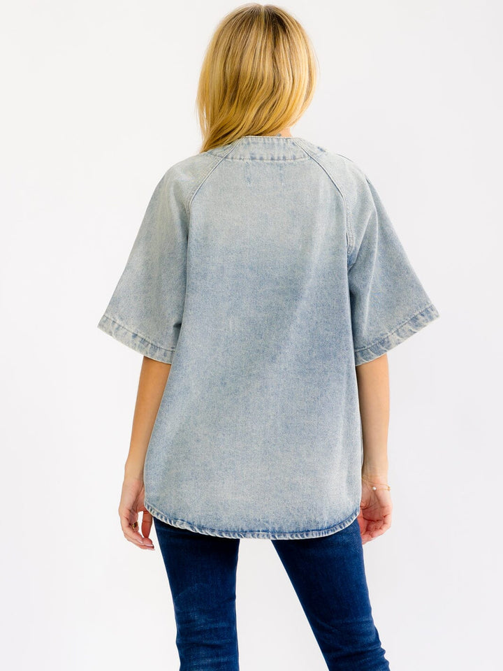 WOMEN'S SHORT SLEEVE BUTTON UP GRAPHIC WASHED DENIM TOP